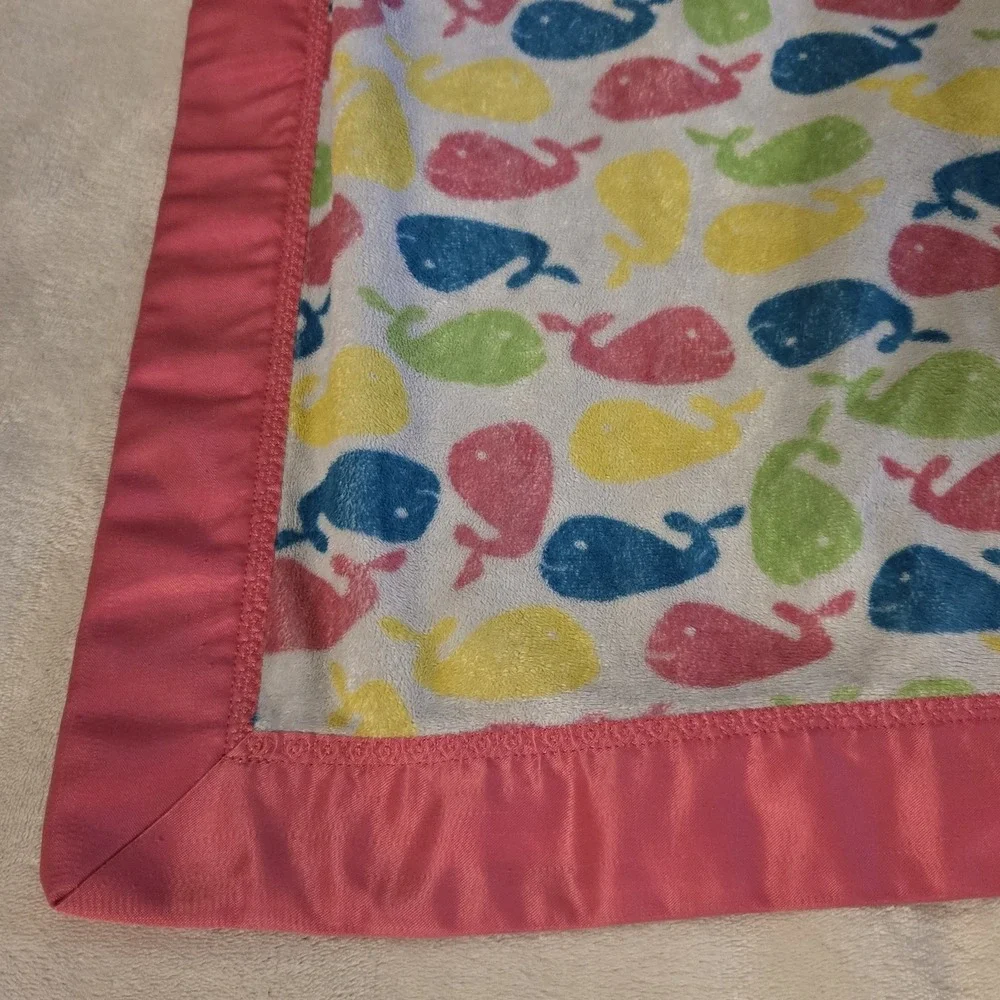 Handmade Whale Baby Blanket Satin Back Fleece Pink Green Security Blanket 28x35